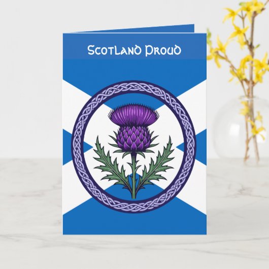 Purple Thistle and Saltire Framed by Celtic カード (黄色い花)