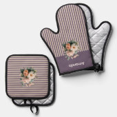 Purple Top with Ivory Stripes Floral 鍋つかみ&鍋敷きセット (正面/裏面)