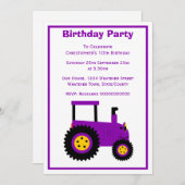 Purple Tractor Design Personalised Birthday Party 招待状 (正面/裏面)