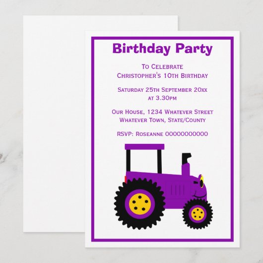 Purple Tractor Design Personalised Birthday Party 招待状 (正面/裏面)