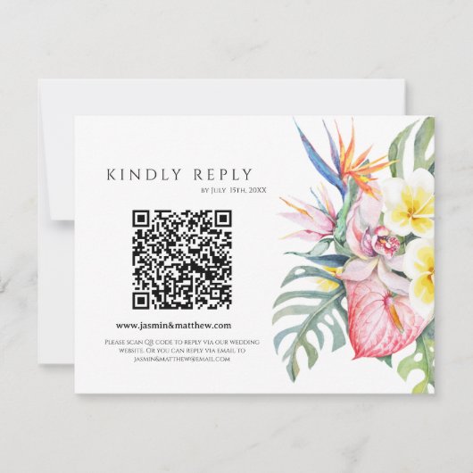 Purple Tropical Floral Hawaii QR Code Wedding 出欠カード (正面)