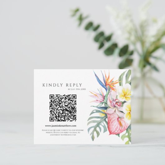 Purple Tropical Floral Hawaii QR Code Wedding 出欠カード (スタンド正面)