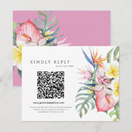 Purple Tropical Floral Hawaii QR Code Wedding 出欠カード