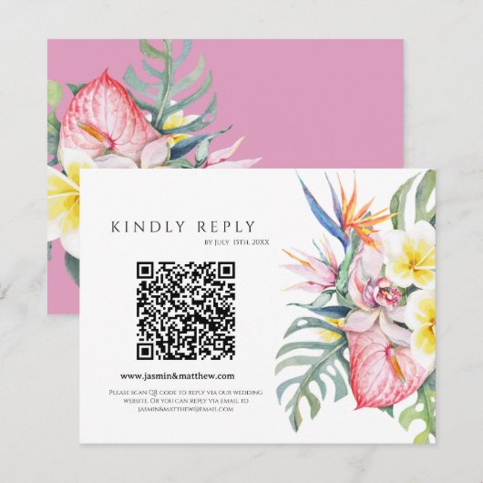 Purple Tropical Floral Hawaii QR Code Wedding 出欠カード (正面/裏面)