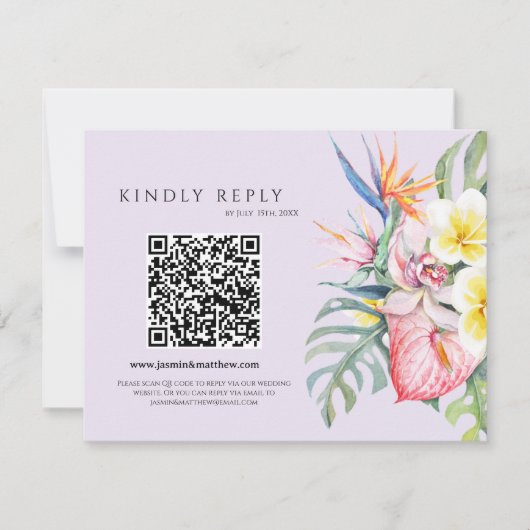 Purple Tropical Floral Hawaii QR Code Wedding 出欠カード (正面)