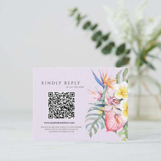Purple Tropical Floral Hawaii QR Code Wedding 出欠カード (スタンド正面)