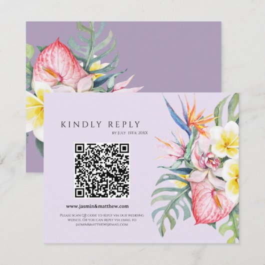 Purple Tropical Floral Hawaii QR Code Wedding 出欠カード (正面/裏面)