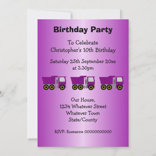 Purple Truck Design Boy's Birthday Party 招待状 (正面)