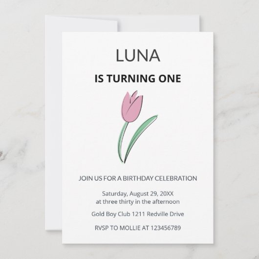Purple Tulip Floral Girl Kids First Birthday  招待状 (正面)