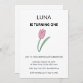 Purple Tulip Floral Girl Kids First Birthday  招待状 (正面/裏面)