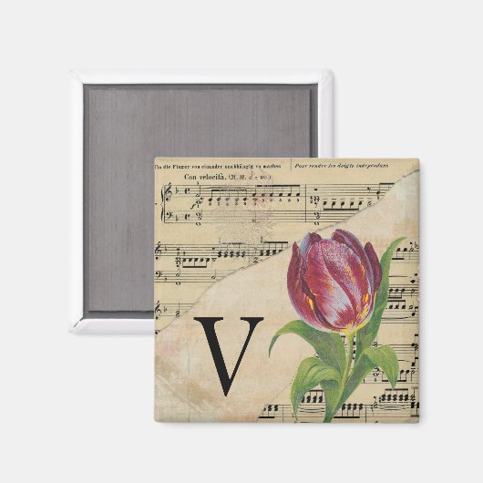 Purple Tulip Sheet Music Monogram Initial V マグネット (正面/裏面)