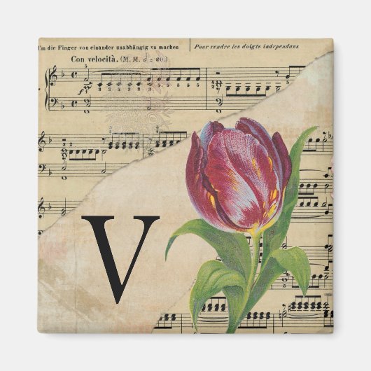 Purple Tulip Sheet Music Monogram Initial V マグネット (正面)