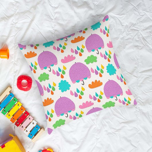 Purple Umbrellas with Clouds and Raindrops クッション