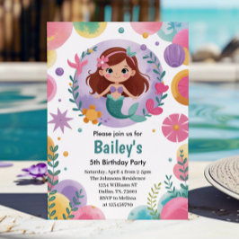 Purple Under The Sea Mermaid 5th Birthday Party 招待状