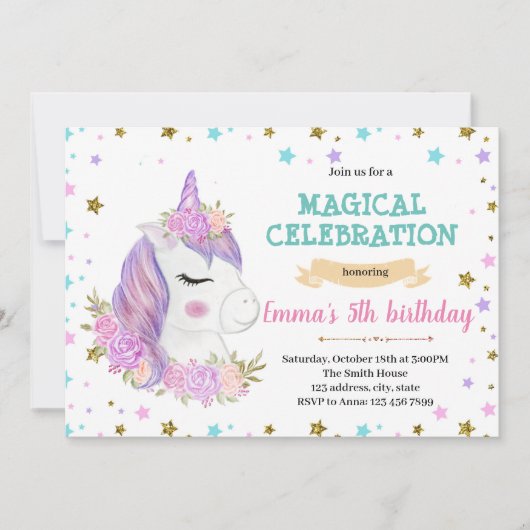Purple unicorn誕生日の招待 シーズンカード (正面)