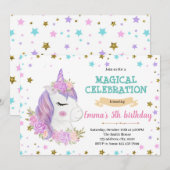 Purple unicorn誕生日の招待 シーズンカード (正面/裏面)