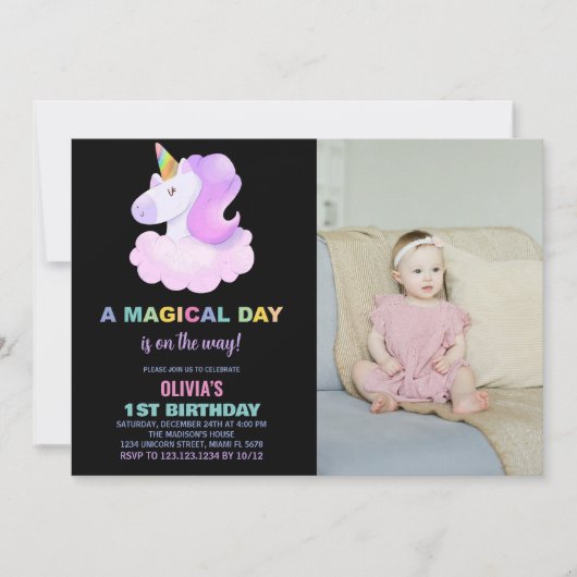 Purple Unicorn誕生日招待状と写真 招待状 (正面)