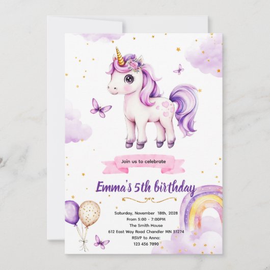 Purple unicorn birthday party invitation 招待状 (正面)