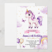 Purple unicorn birthday party invitation 招待状 (正面/裏面)
