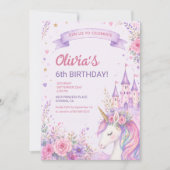 Purple Unicorn Girls 6th Birthday 招待状 (正面)