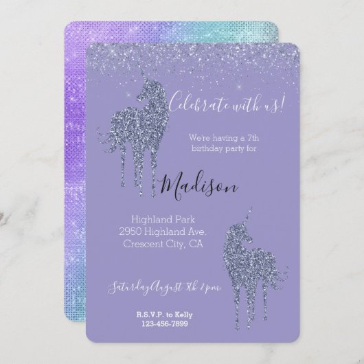 Purple Unicorn Glitter 招待状 (正面/裏面)