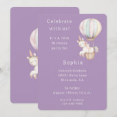 Purple Unicorn Hot Air Balloon Birthday 招待状 (正面/裏面)