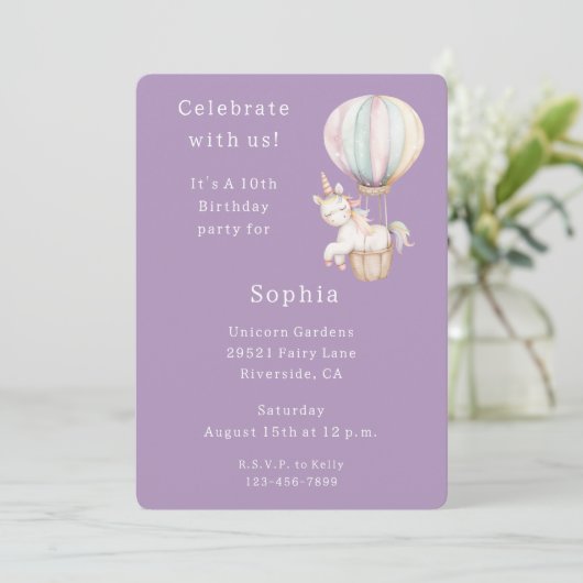 Purple Unicorn Hot Air Balloon Birthday 招待状 (スタンド正面)