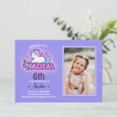 Purple Unicorn Magic Any Age 6誕生日写真 招待状 (スタンド正面)