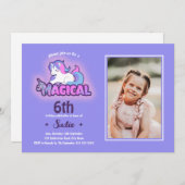 Purple Unicorn Magic Any Age 6誕生日写真 招待状 (正面/裏面)
