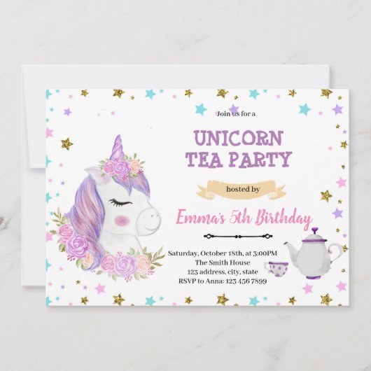 Purple unicorn tea birthdayの招待状 サンキューカード (正面)