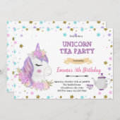 Purple unicorn tea birthdayの招待状 サンキューカード (正面/裏面)