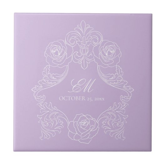 Purple Victorian Monogram Wedding Ceramic Tile タイル (正面)