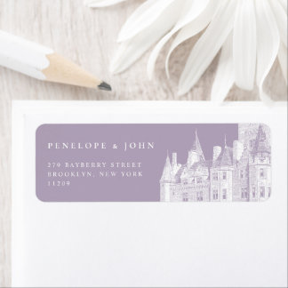 Purple Vintage Castle Illustration Wedding Return ラベル