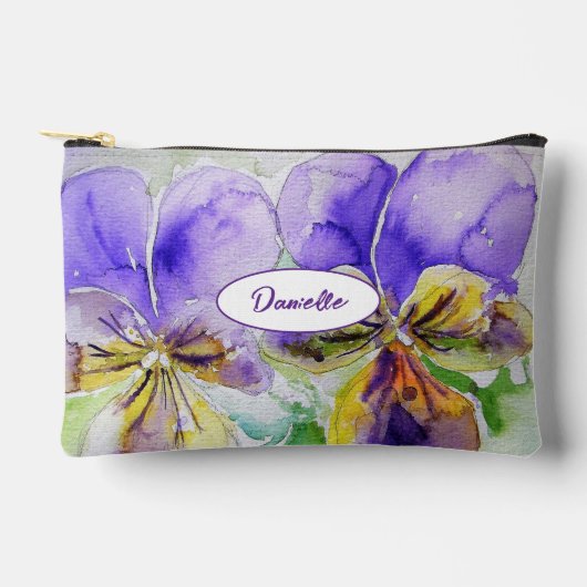 Purple Viola Watercolor Flower Girls Name Pansy アクセサリーポーチ (正面)