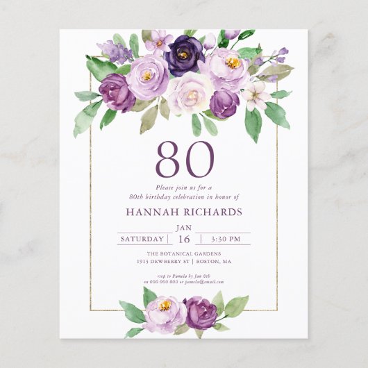 Purple | Violet Floral 80th Birthday Invitation (正面)