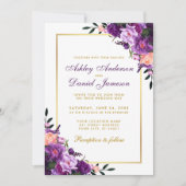 Purple Violet Floral Gold Wedding Invitation 招待状 (正面)