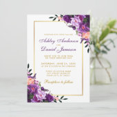 Purple Violet Floral Gold Wedding Invitation 招待状 (スタンド正面)