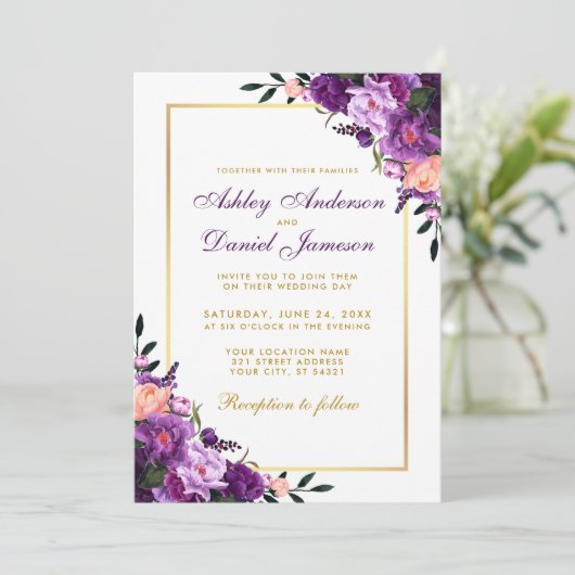 Purple Violet Floral Gold Wedding Invitation 招待状 (スタンド正面)