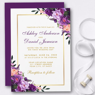 Purple Violet Floral Gold Wedding Invitation 招待状