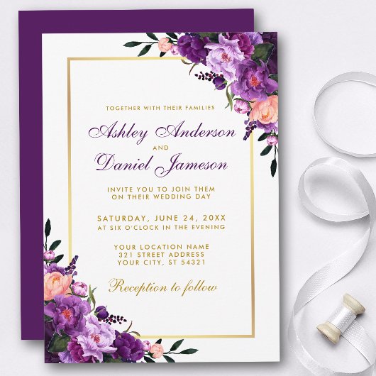 Purple Violet Floral Gold Wedding Invitation 招待状