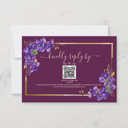 Purple Violets Elegant Gold Frame Burgundy RSVP (正面)