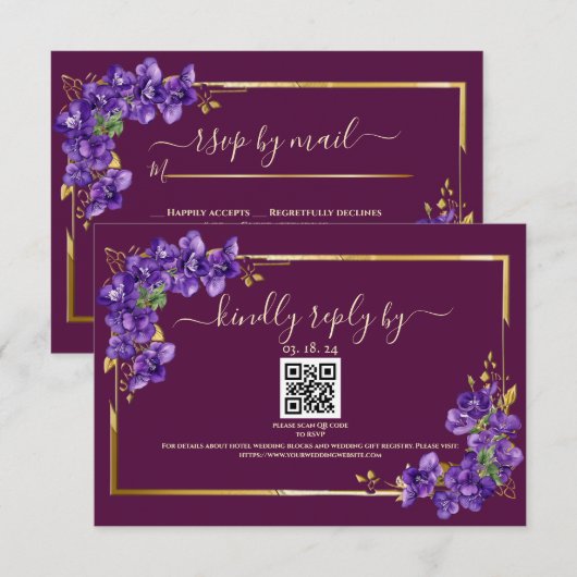 Purple Violets Elegant Gold Frame Burgundy RSVP (正面/裏面)