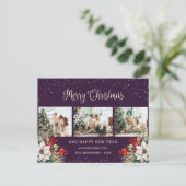 Purple Watercolor Botanical Snow Photo Collage シーズンポストカード (スタンド正面)