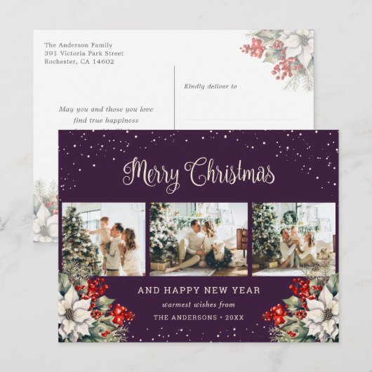 Purple Watercolor Botanical Snow Photo Collage シーズンポストカード (正面/裏面)