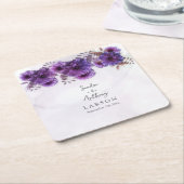 Purple Watercolor Chrysanthemum Wedding スクエアペーパーコースター (アングル)