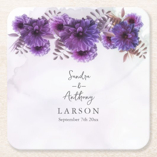 Purple Watercolor Chrysanthemum Wedding スクエアペーパーコースター (正面)