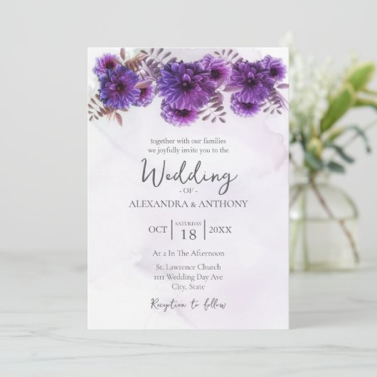 Purple Watercolor Chrysanthemum Wedding 招待状 (スタンド正面)