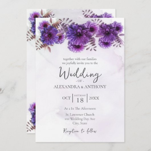 Purple Watercolor Chrysanthemum Wedding 招待状 (正面/裏面)