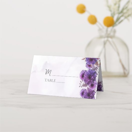 Purple Watercolor Chrysanthemum Wedding Place Card プレイスカード (正面)