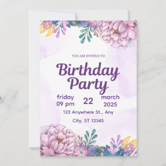Purple Watercolor Floral Birthday Party Invitation 招待状